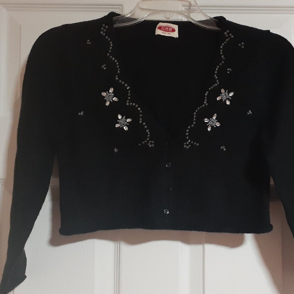 Vintage 90s rare CRB embroiderd black cropped soft cardigan v-neck sweater sz S